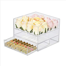 16 Slot Clear Rose Case Acrylic Flower Box with Makeup Drawer Storage Organizer